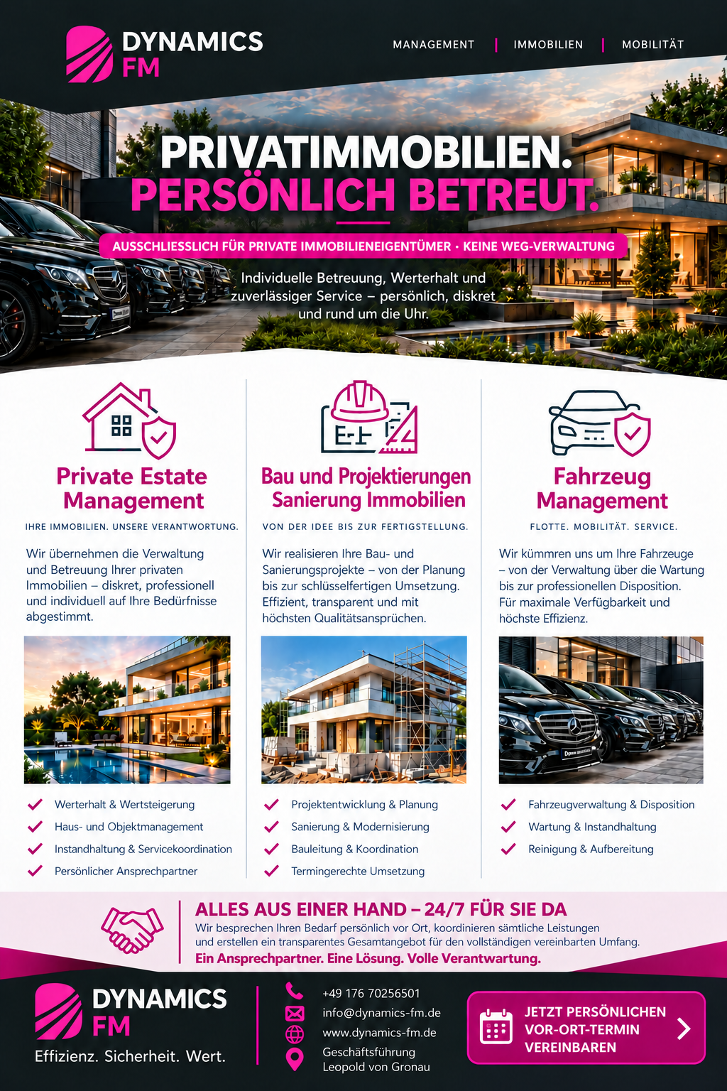 Dynamics FM Flyer für Private Estate Management, Bau und Projektierung sowie Fahrzeugmanagement